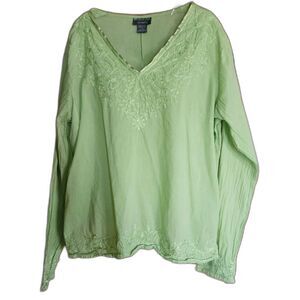 Monalisa Womens 1x Light Green Embroidered Cotton Top LS | Relaxed Summer Blouse